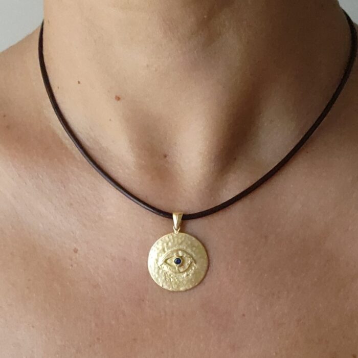 El Yapımı Minimalist Pirinç Göz Uçlu Mavi Taş Detaylı Deri Kolye - Görsel 2